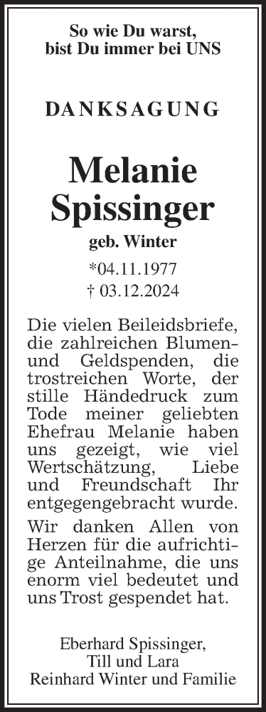 Traueranzeige von Melanie Spissinger von Giessener Allgemeine, Alsfelder Allgemeine