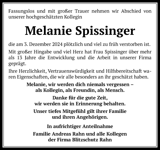 Traueranzeige von Melanie Spissinger von Giessener Anzeiger, Giessener Allgemeine, Alsfelder Allgemeine