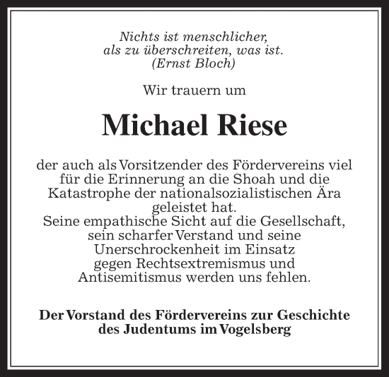 Traueranzeige von Michael Riese von Alsfelder Allgemeine, Oberhessische Zeitung, Lauterbacher Anzeiger