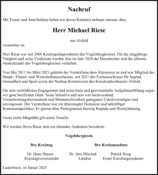 Traueranzeige von Michael Riese von Alsfelder Allgemeine, Oberhessische Zeitung, Lauterbacher Anzeiger, Kreis-Anzeiger