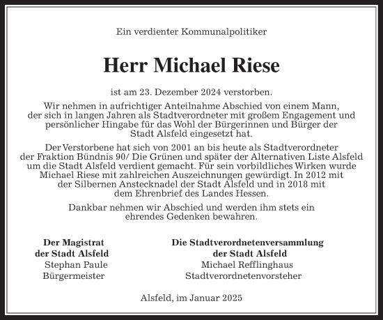 Traueranzeige von Michael Riese von Alsfelder Allgemeine, Oberhessische Zeitung
