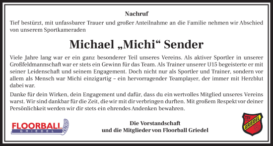 Traueranzeige von Michael Sender von Butzbacher Zeitung