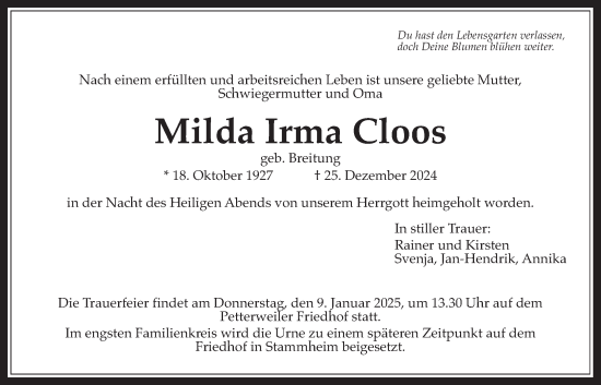 Traueranzeige von Milda Irma Cloos von Wetterauer Zeitung, Bad Vilbel/Karben