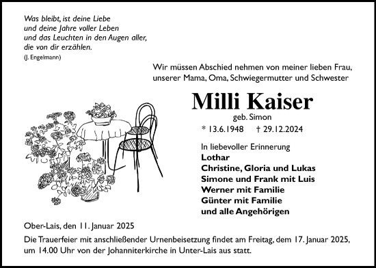 Traueranzeige von Milli Kaiser von Kreis-Anzeiger