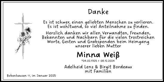Traueranzeige von Minna Weiß von Giessener Allgemeine, Alsfelder Allgemeine