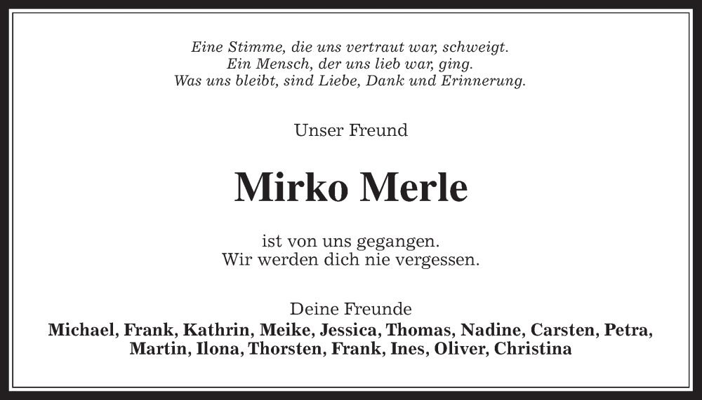  Traueranzeige für Mirko Merle vom 11.01.2025 aus Oberhessische Zeitung