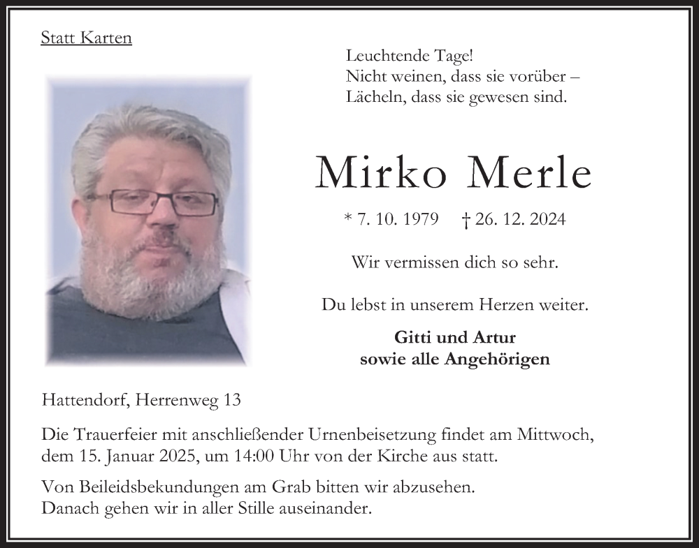  Traueranzeige für Mirko Merle vom 11.01.2025 aus Oberhessische Zeitung