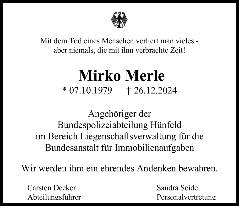  Traueranzeige für Mirko Merle vom 11.01.2025 aus Oberhessische Zeitung