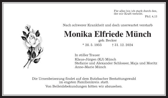 Traueranzeige von Monika Elfriede Münch von Butzbacher Zeitung