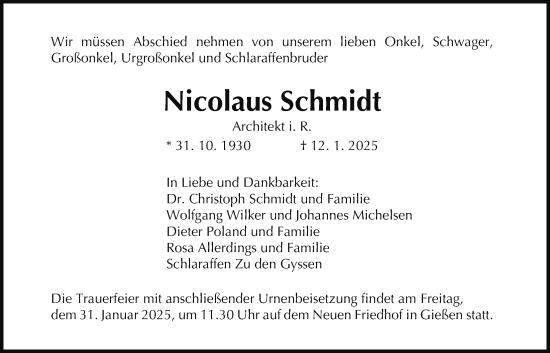 Traueranzeige von Nicolaus Schmidt von Giessener Allgemeine, Alsfelder Allgemeine, Giessener Anzeiger