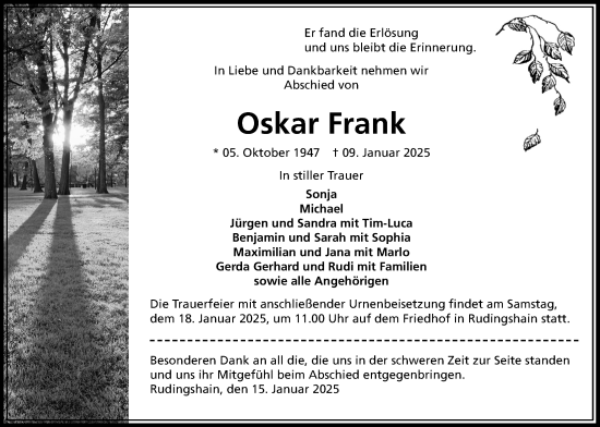 Traueranzeige von Oskar Frank von Kreis-Anzeiger