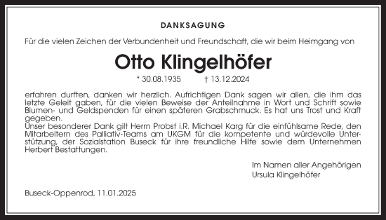 Traueranzeige von Otto Klingelhöfer von Giessener Anzeiger, Giessener Allgemeine, Alsfelder Allgemeine