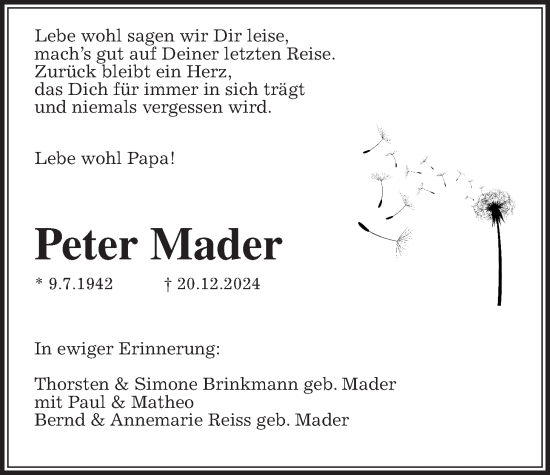 Traueranzeige von Peter Mader von Giessener Allgemeine, Alsfelder Allgemeine