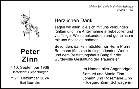 Traueranzeige von Peter Zinn von Butzbacher Zeitung
