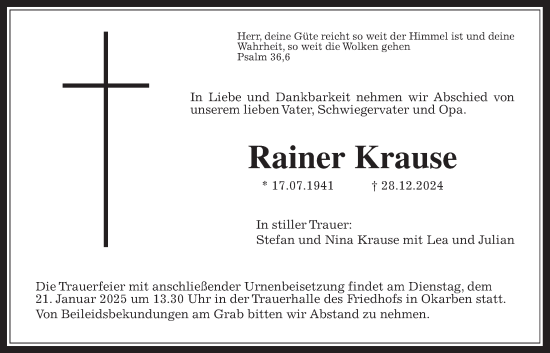 Traueranzeige von Rainer Krause von Wetterauer Zeitung