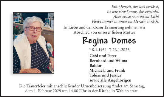 Traueranzeige von Regina Domes von Oberhessische Zeitung