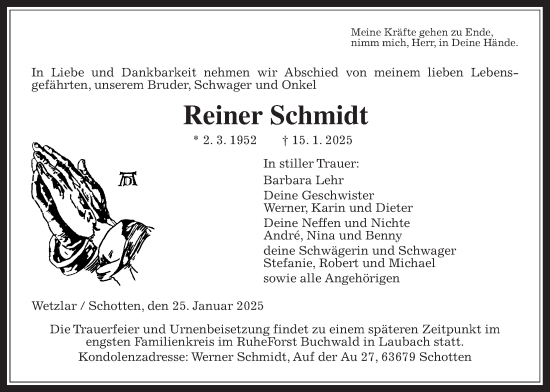 Traueranzeige von Reiner Schmidt von Kreis-Anzeiger