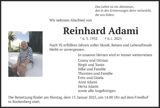 Traueranzeige von Reinhard Adami von Butzbacher Zeitung