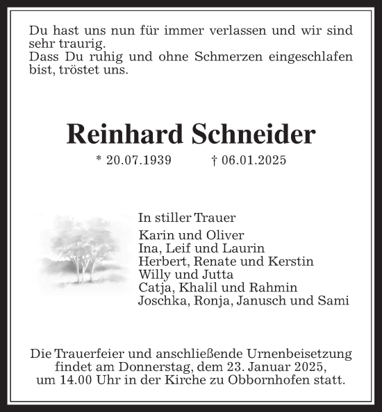 Traueranzeige von Reinhard Schneider von Giessener Allgemeine, Alsfelder Allgemeine