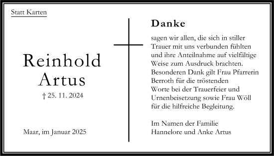 Traueranzeige von Reinhold Artus von Lauterbacher Anzeiger, 