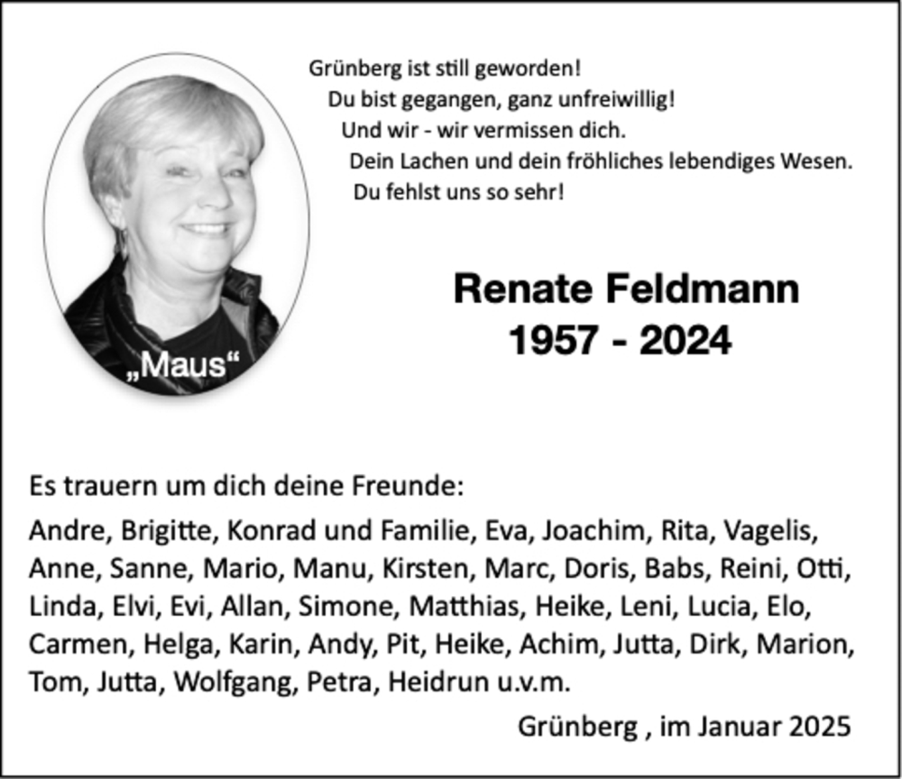  Traueranzeige für Renate Feldmann vom 04.01.2025 aus Giessener Allgemeine, Alsfelder Allgemeine