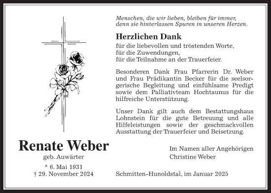 Traueranzeige von Renate Weber von Usinger Anzeiger, Usinger Anzeigenblatt