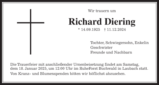Traueranzeige von Richard Diering von Laubacher Anzeiger