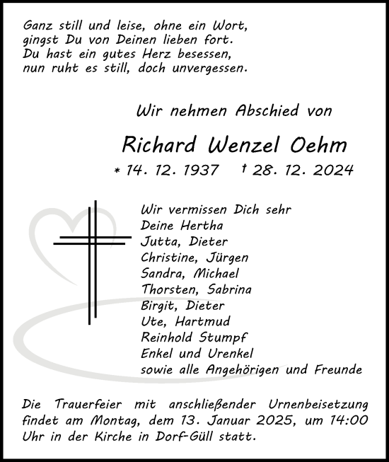 Traueranzeige von Richard Wenzel Oehm von Giessener Allgemeine, Alsfelder Allgemeine