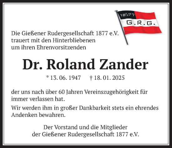 Traueranzeige von Roland Zander von Giessener Allgemeine, Alsfelder Allgemeine, Giessener Anzeiger