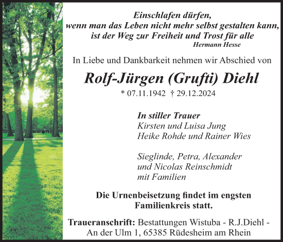 Traueranzeige von Rolf-Jürgen Diehl von Giessener Allgemeine, Alsfelder Allgemeine