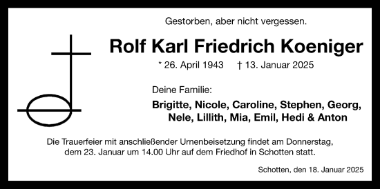 Traueranzeige von Rolf Karl Friedrich Koeniger von Kreis-Anzeiger