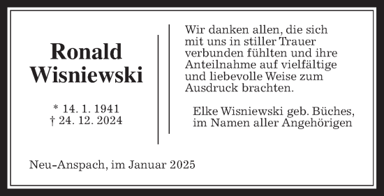 Traueranzeige von Ronald Wisniewski von Usinger Anzeiger