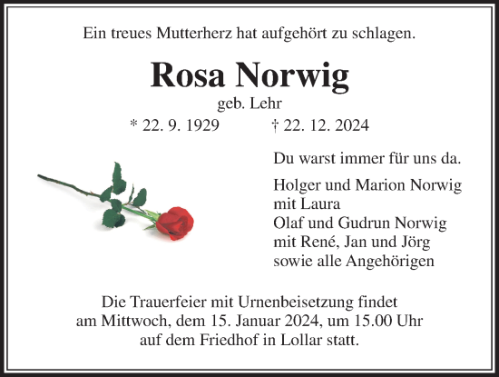 Traueranzeige von Rosa Norwig von Giessener Anzeiger, Giessener Allgemeine, Alsfelder Allgemeine