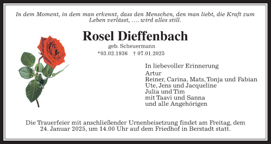 Traueranzeige von Rosel Dieffenbach von Wetterauer Zeitung