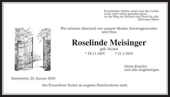 Traueranzeige von Roselinde Meisinger von Wetterauer Zeitung