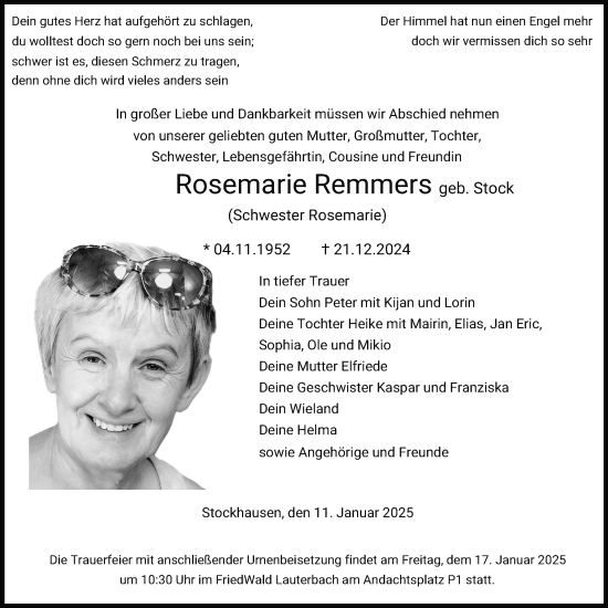 Traueranzeige von Rosemarie Remmers von Lauterbacher Anzeiger