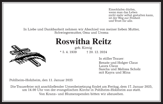 Traueranzeige von Roswitha Reitz von Giessener Allgemeine, Alsfelder Allgemeine