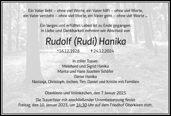 Traueranzeige von Rudolf Hanika von Butzbacher Zeitung