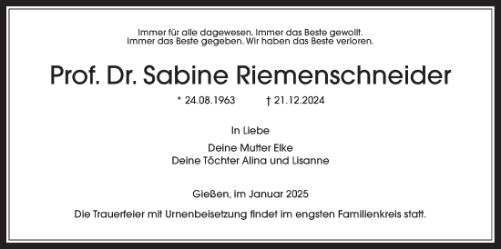 Traueranzeige von Sabine Riemenschneider von Giessener Allgemeine, Alsfelder Allgemeine