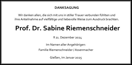 Traueranzeige von Sabine Riemenschneider von Giessener Allgemeine, Alsfelder Allgemeine