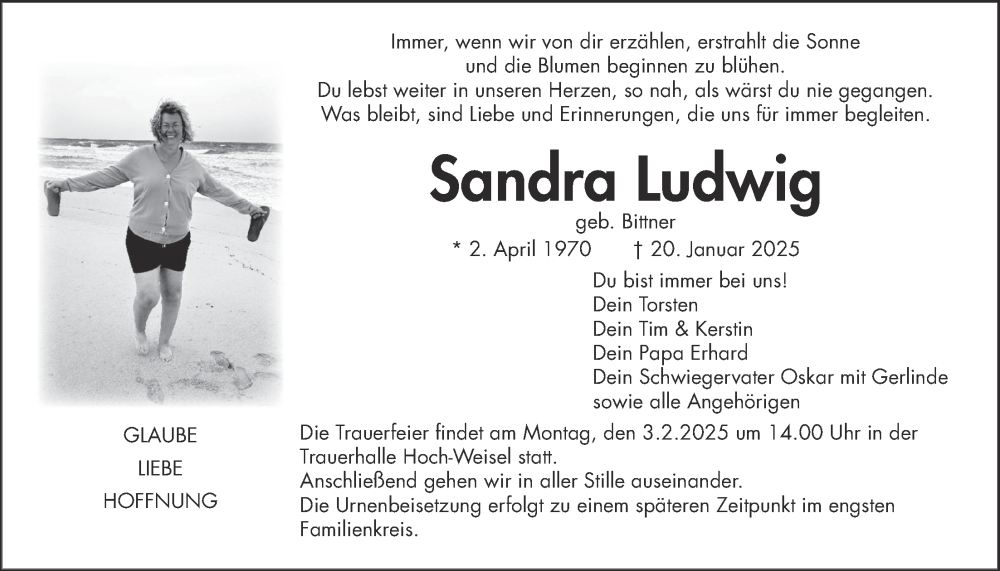  Traueranzeige für Sandra Ludwig vom 25.01.2025 aus Butzbacher Zeitung