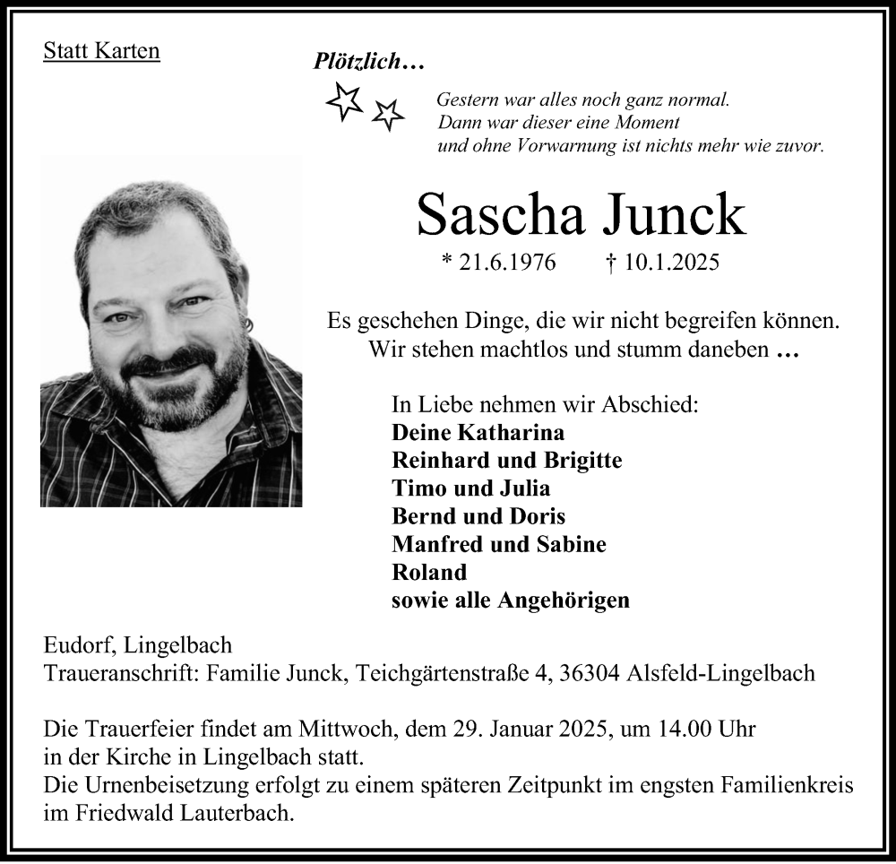  Traueranzeige für Sascha Junck vom 25.01.2025 aus Oberhessische Zeitung