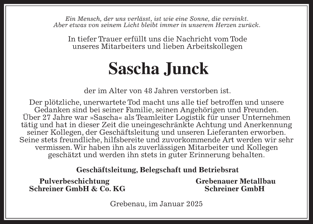  Traueranzeige für Sascha Junck vom 25.01.2025 aus Oberhessische Zeitung