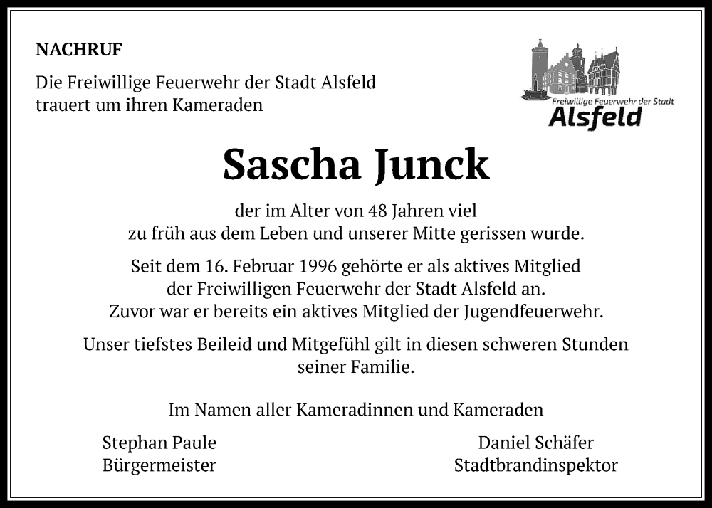  Traueranzeige für Sascha Junck vom 25.01.2025 aus Oberhessische Zeitung