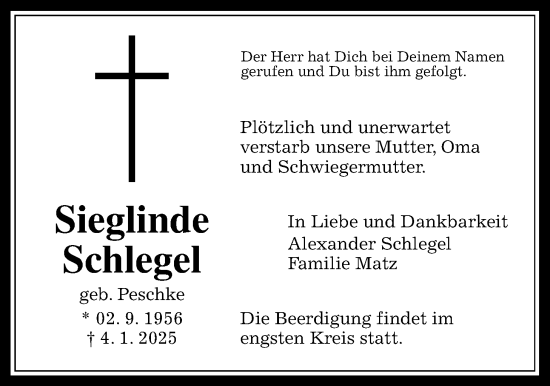 Traueranzeige von Sieglinde Schlegel von Giessener Allgemeine, Alsfelder Allgemeine
