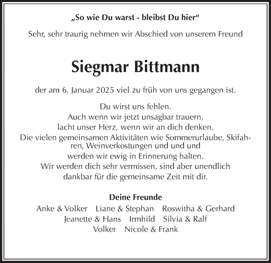 Traueranzeige von Siegmar Bittmann von Giessener Allgemeine, Alsfelder Allgemeine, Giessener Anzeiger
