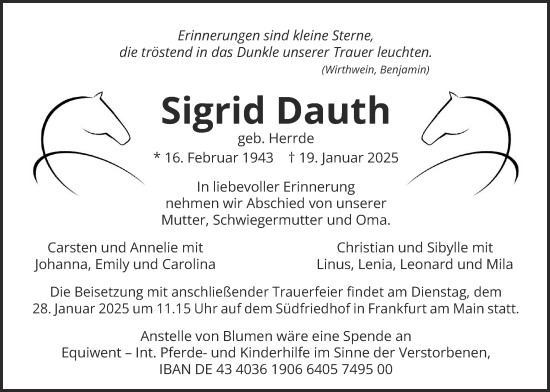 Traueranzeige von Sigrid Dauth von Kreis-Anzeiger