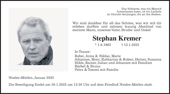 Traueranzeige von Stephan Kremer von Wetterauer Zeitung