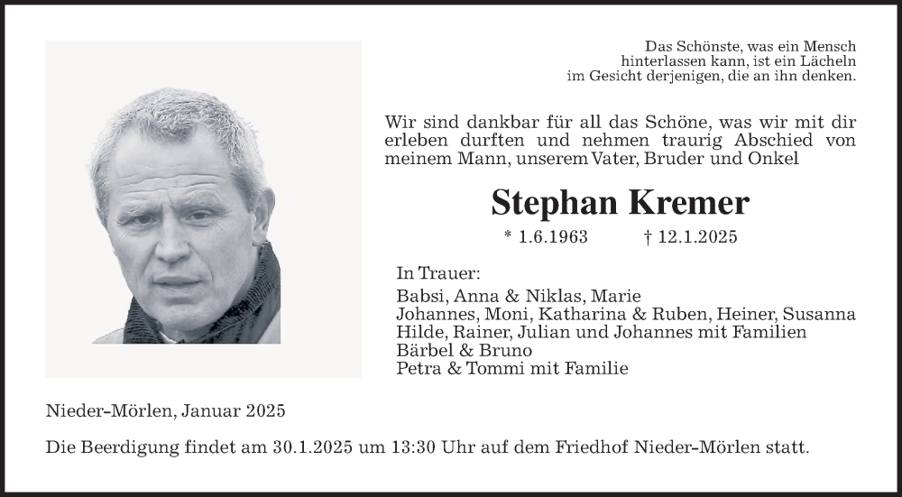  Traueranzeige für Stephan Kremer vom 18.01.2025 aus Wetterauer Zeitung
