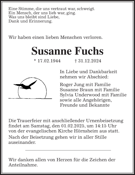 Traueranzeige von Susanne Fuchs von Giessener Allgemeine, Alsfelder Allgemeine